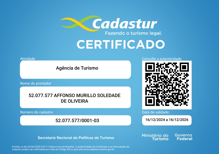 Certificado oficial Cadastur — Ministério do Turismo